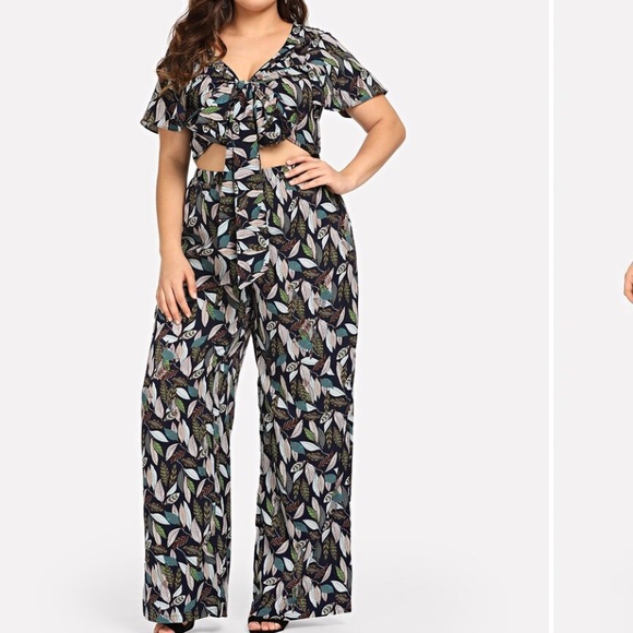 🤗Leaf Print Knot Front Top & Wide Leg Set